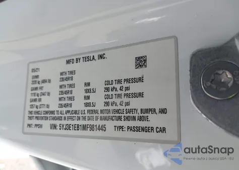 2021 Tesla Model 3 Long Range Dual Motor All-Wheel Drive z USA, uszkodzony, nr VIN 5YJ3E1EB1MF981445